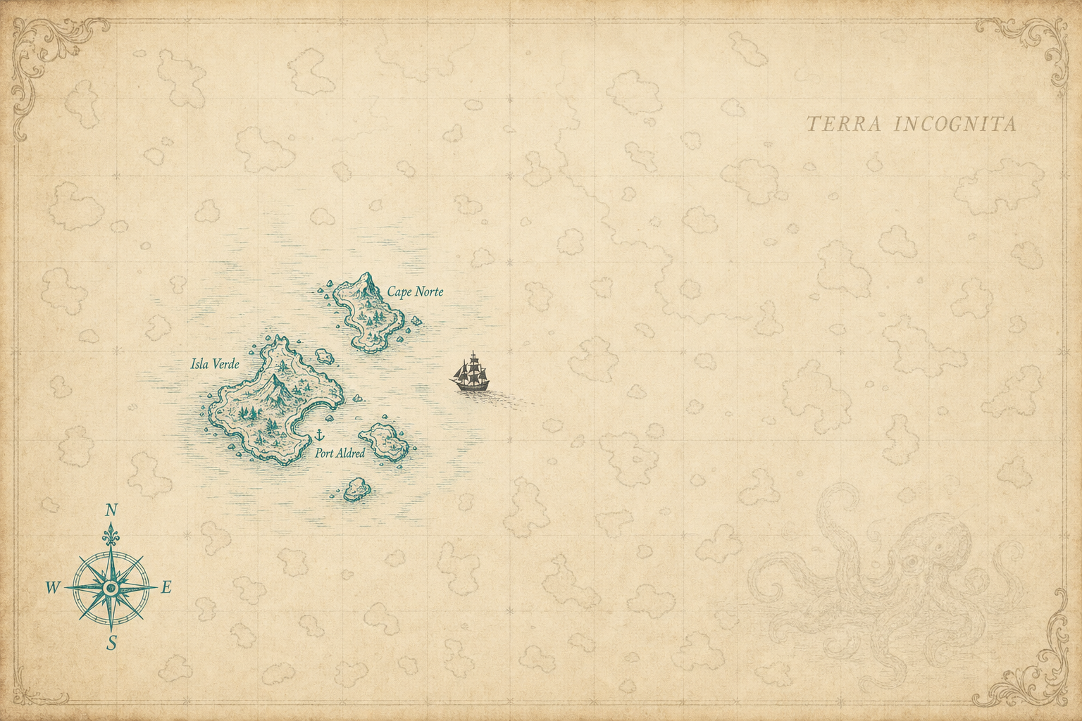 An antique cartographer's map of an archipelago — a small cluster of islands carefully charted in ink, with the rest of the sea fading into faintly-sketched uncharted territory marked Terra Incognita — a metaphor for the small subset of analytical models any team has actually mapped versus the vast possibility space the data could support