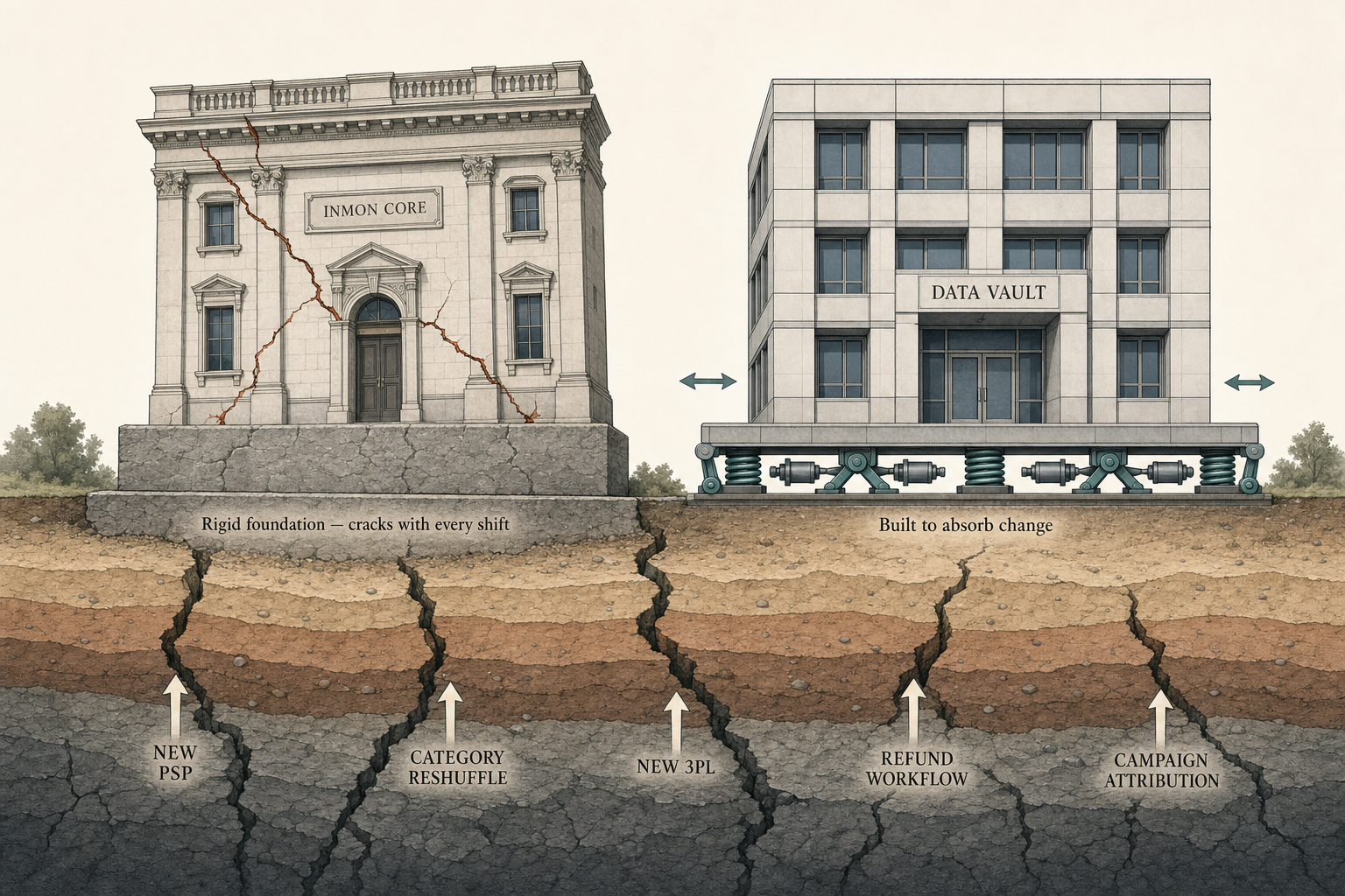Two buildings standing on the same cracking ground: the Inmon Core, an ornate classical building bolted to a rigid stone foundation, has visible cracks running up its façade; the Data Vault, a modular building of the same height, sits on visible springs and dampers (architectural base isolation) and stands intact. Underneath both, the earth is split by fault lines, and arrows push up from each fault carrying labels for the same source-system changes. Same forces, two ways of standing on them.